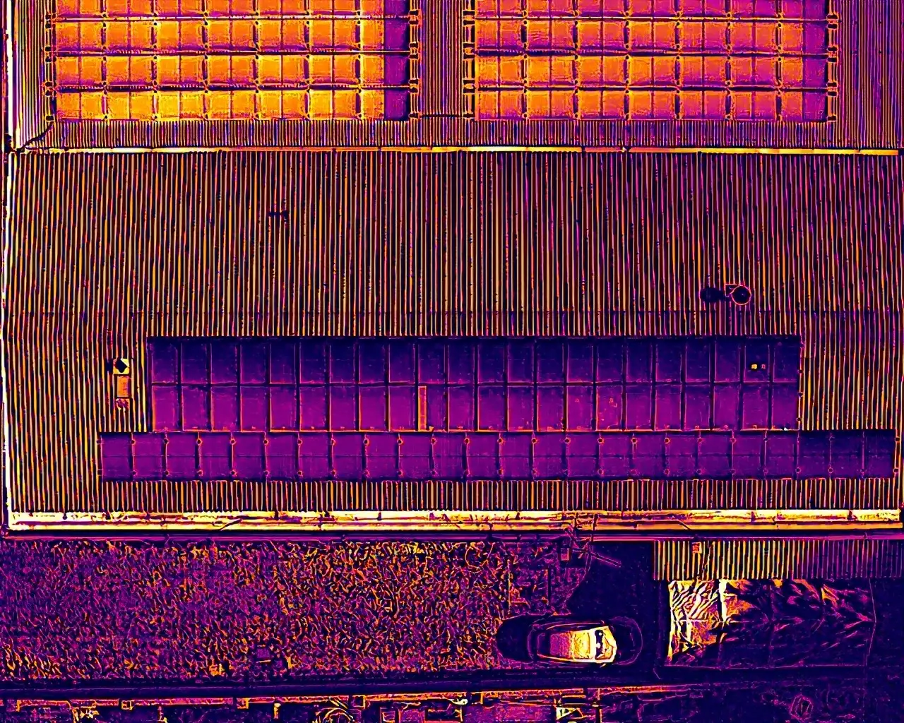 Termografia aerea con drone di un impianto fotovoltaico su capannone: moduli con anomalie termiche evidenziate